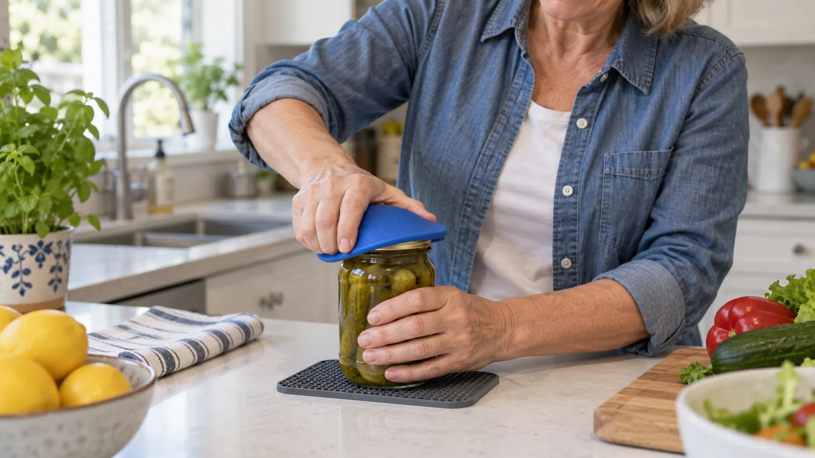Woman using a broad rubber jar-opening aid while the jar rests on a nonslip mat