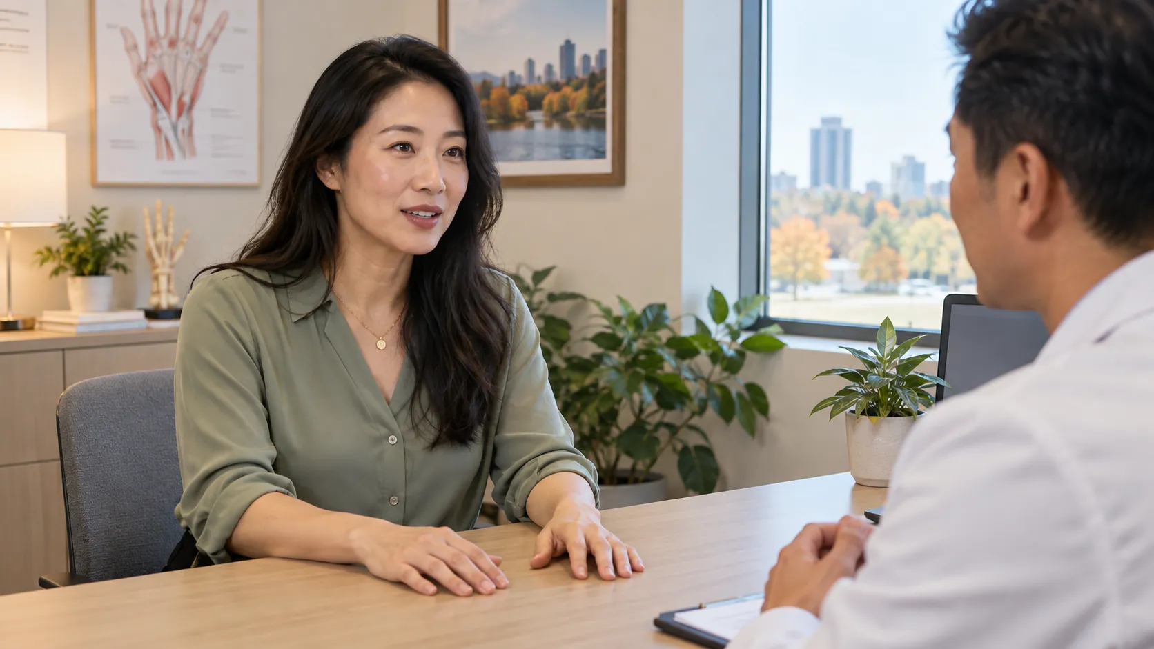 A woman resting her hands on a consultation desk while speaking with a clinician.