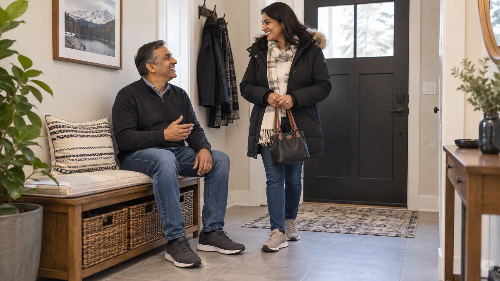 A man in comfortable walking shoes sits on an entrance bench while discussing an outing with his partner.