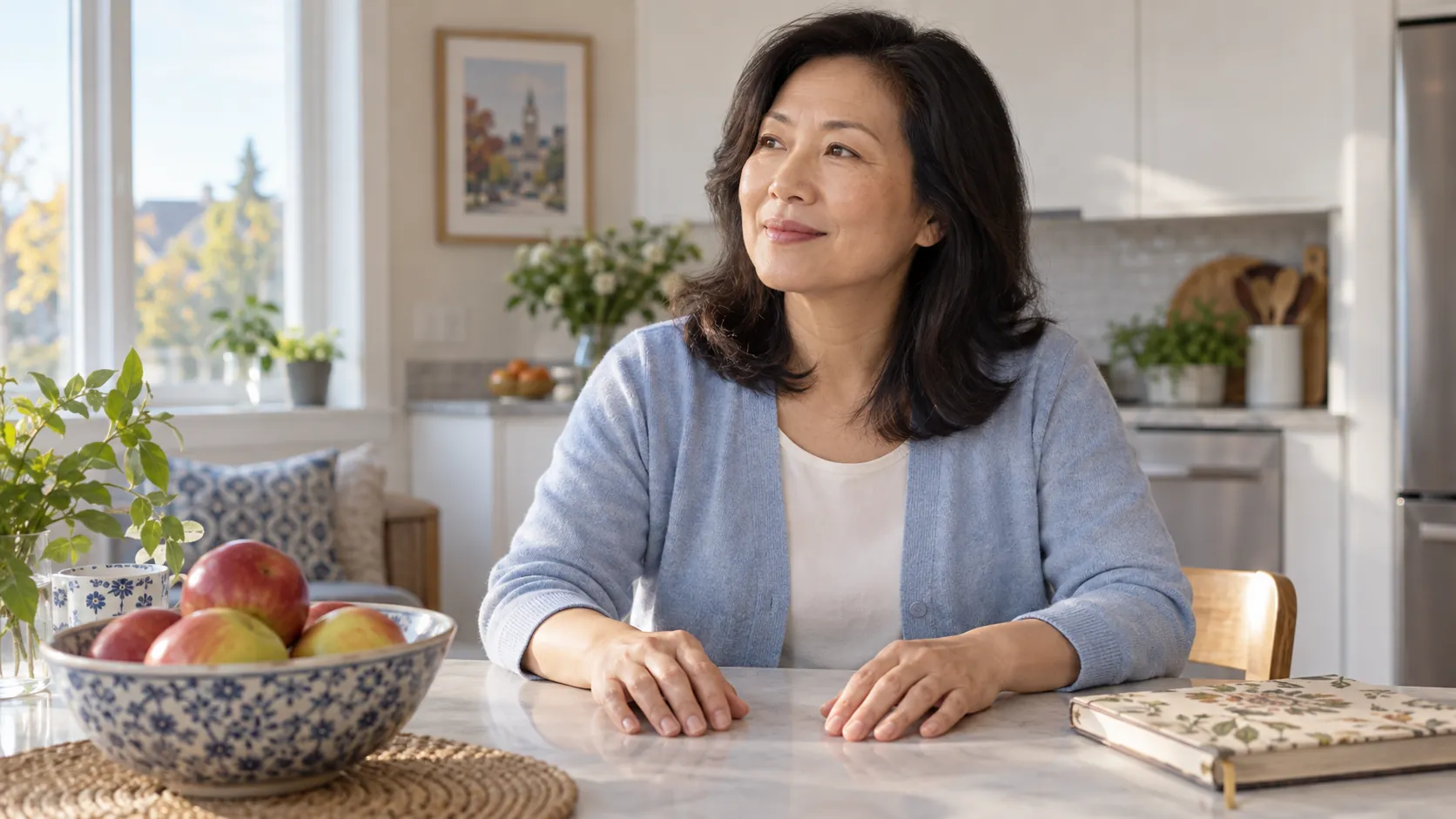 Woman pausing at a kitchen table with relaxed hands beside a bowl of apples and a notebook