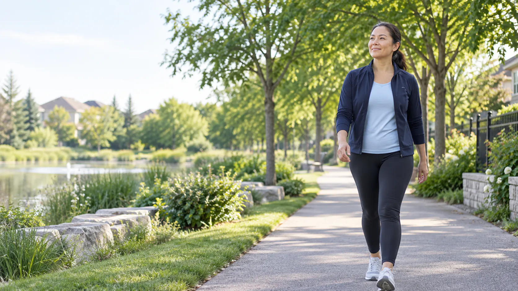 A woman taking a comfortable walk during recovery from a back-pain flare
