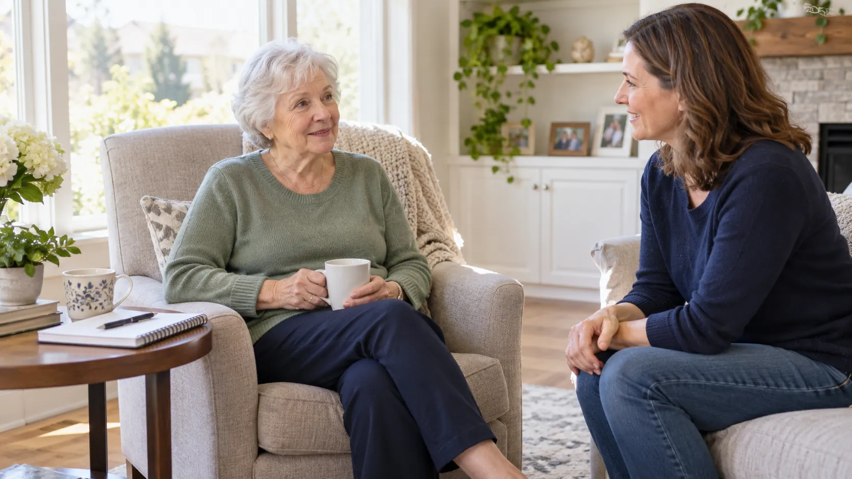 Older woman seated in an armchair talking with a family member beside a care notebook