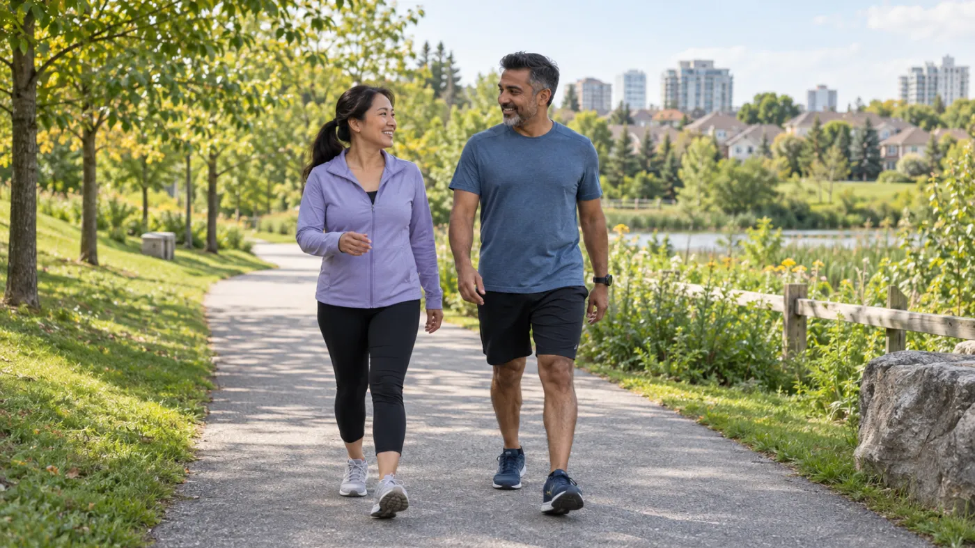 Two adults walking together on a green paved trail in Markham