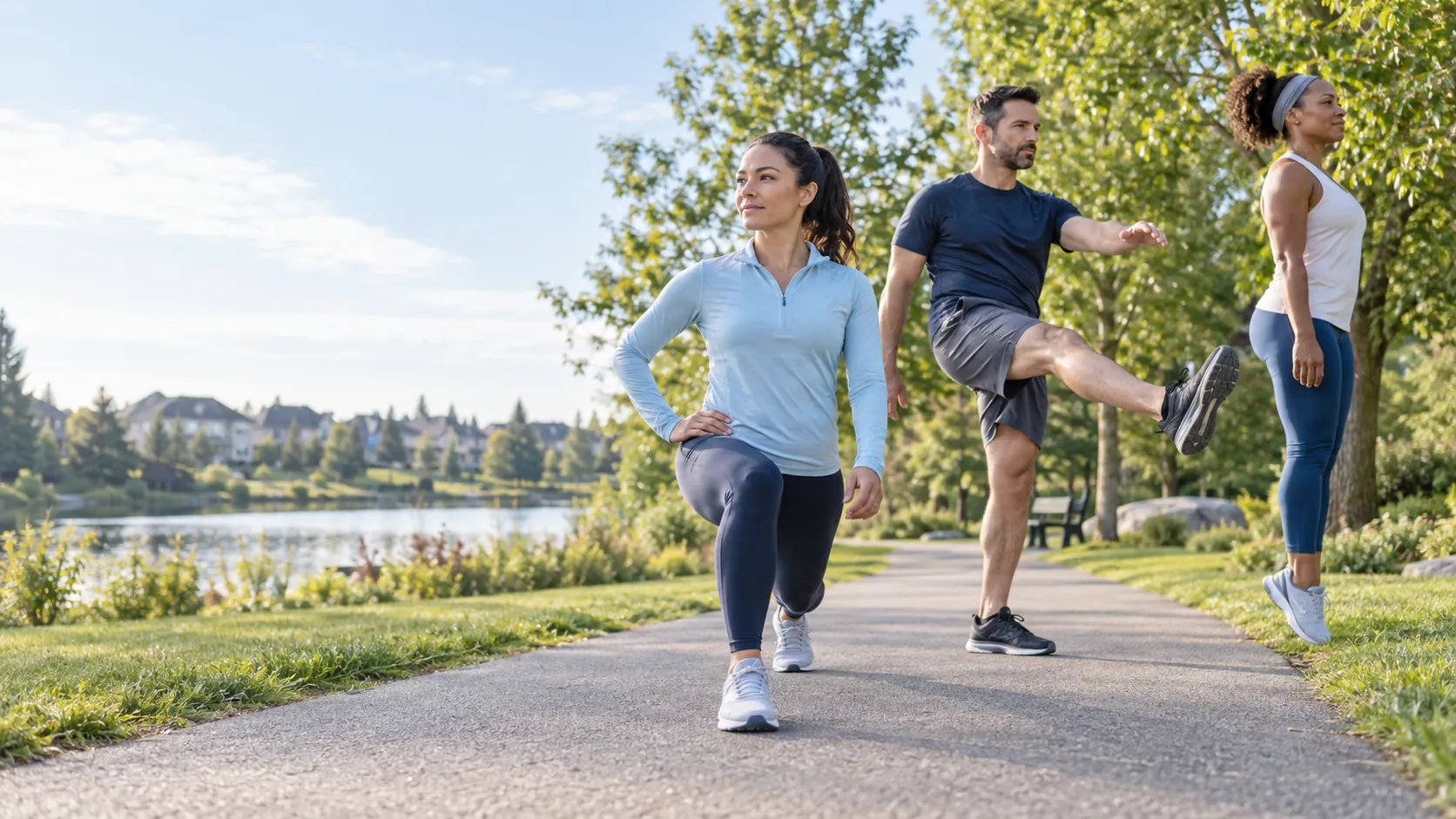 Three recreational athletes doing a dynamic warm-up in a neighbourhood park