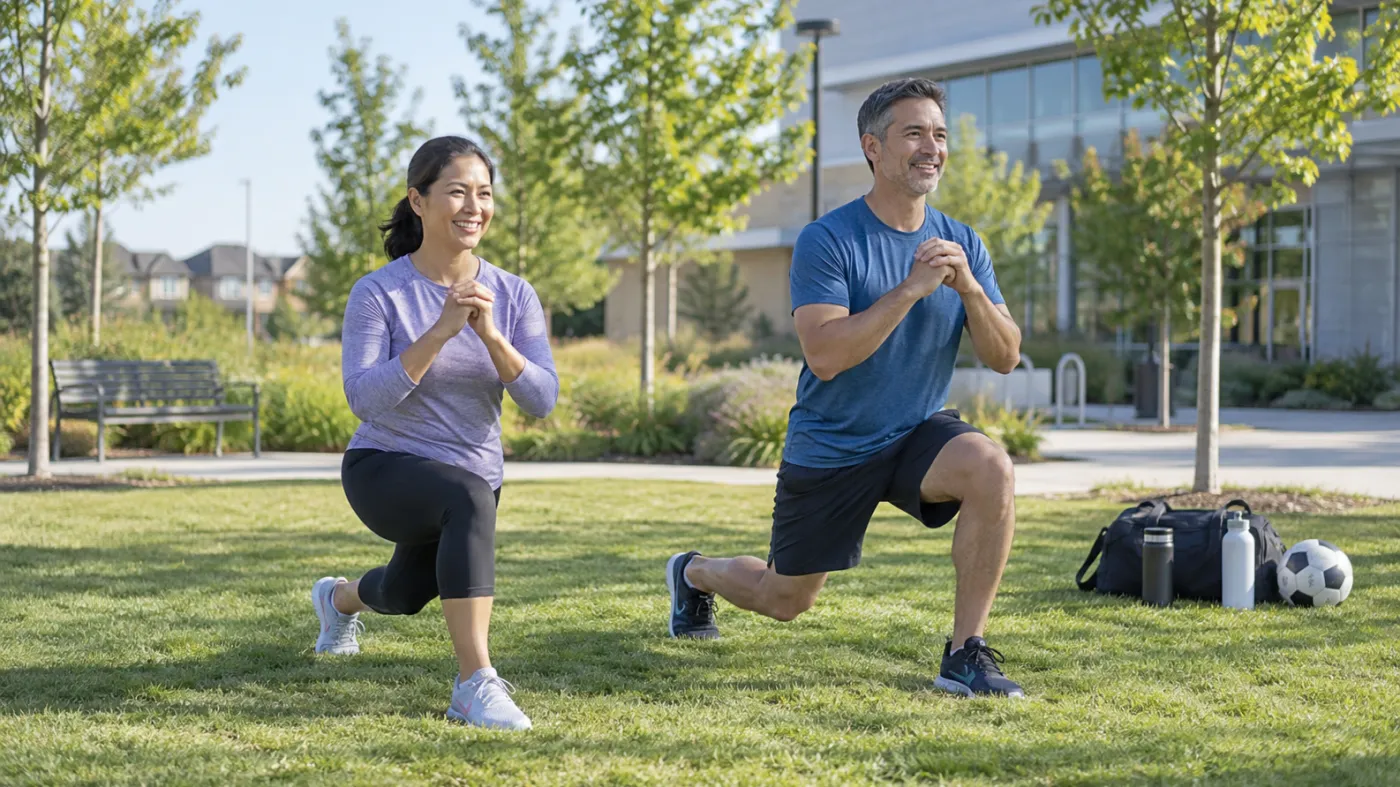 Two adults warming up with controlled lunges before weekend recreation in Markham
