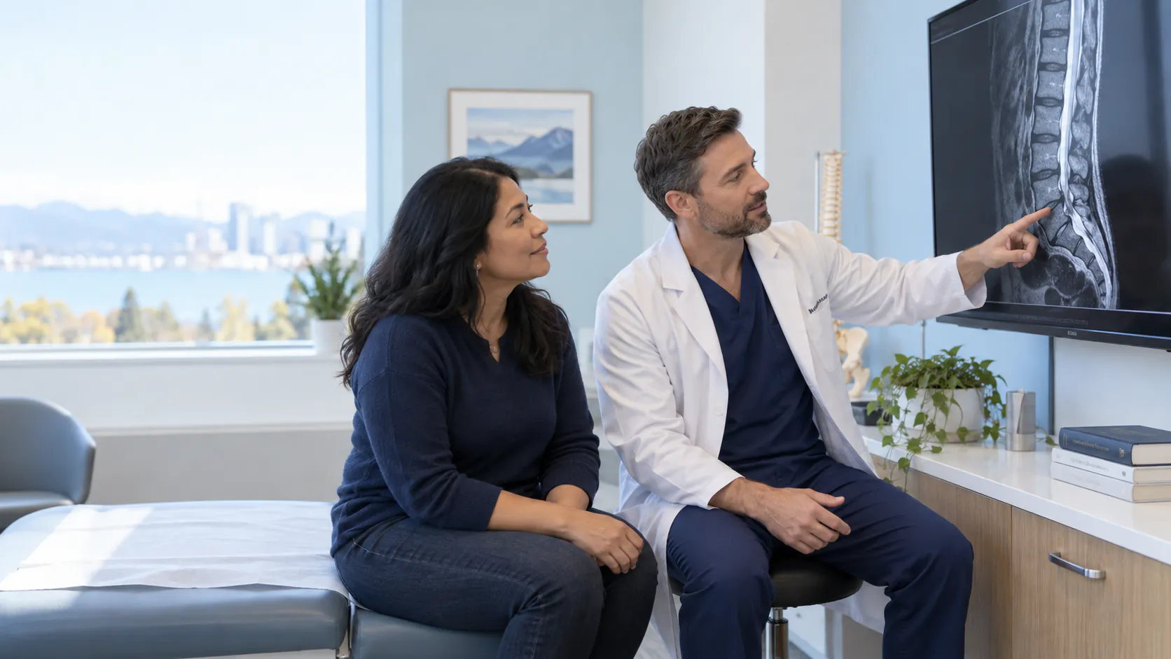 A clinician and patient reviewing a lumbar spine scan on a monitor