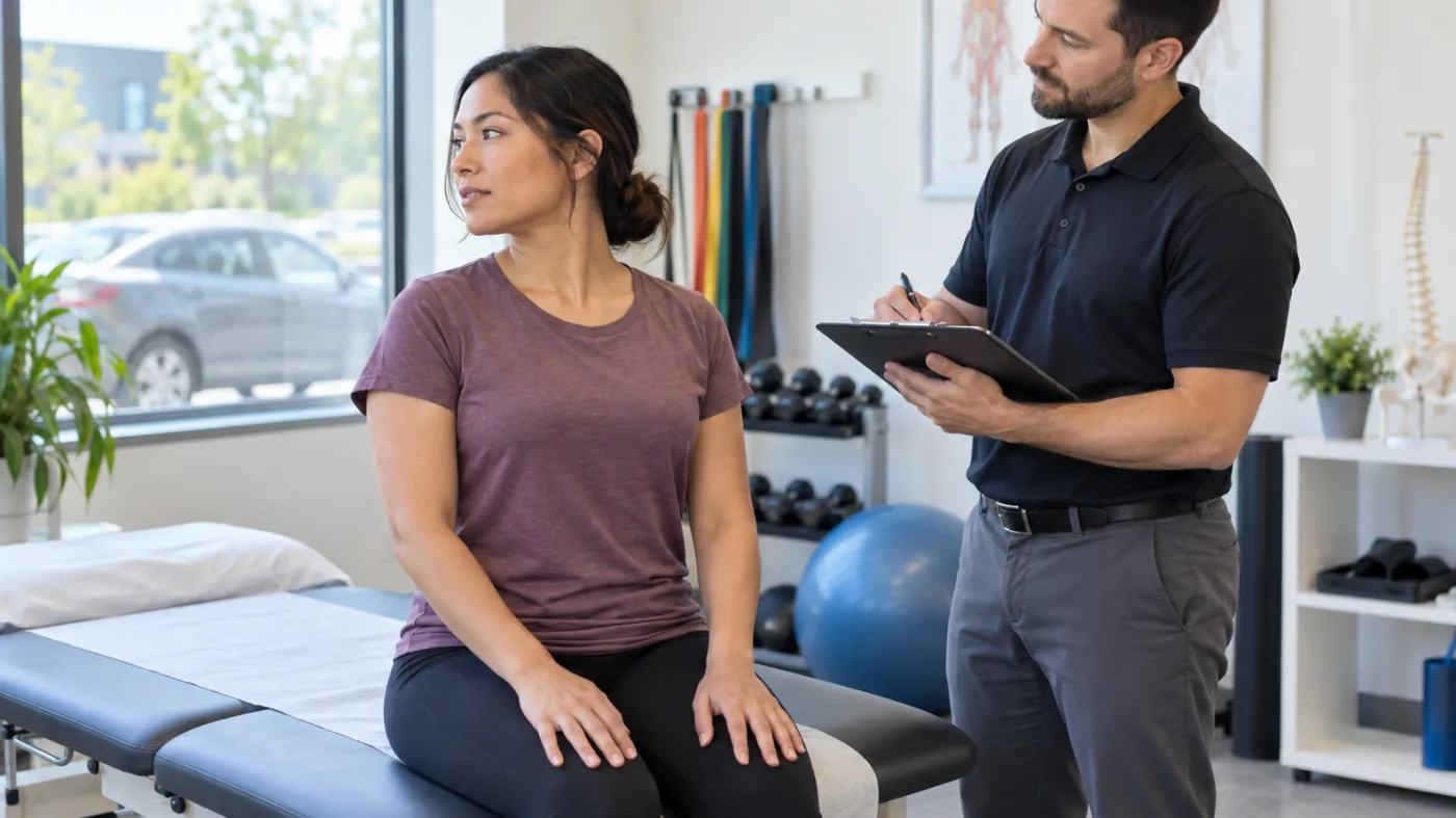Adult gently turning the neck during a clinician-guided movement assessment in Markham