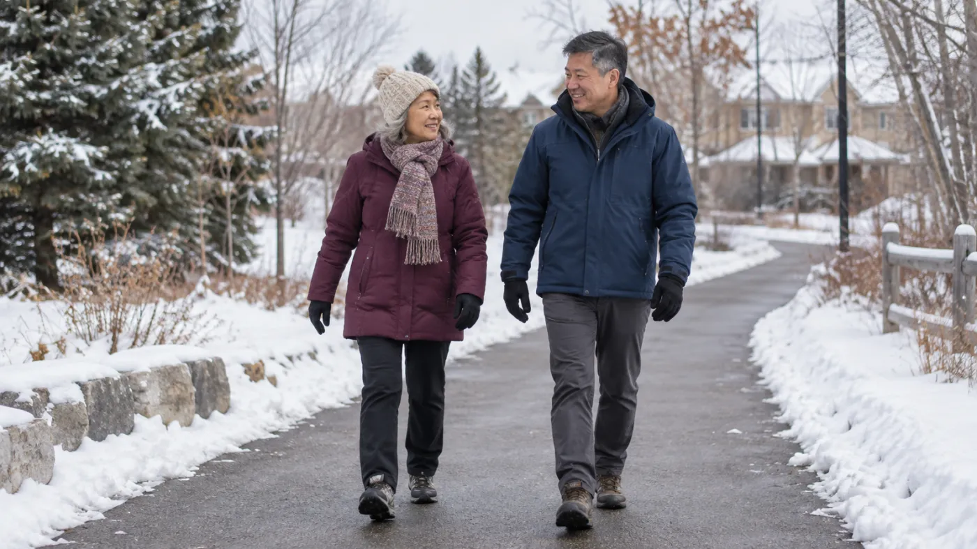 Two adults walking on a cleared winter pathway in Markham