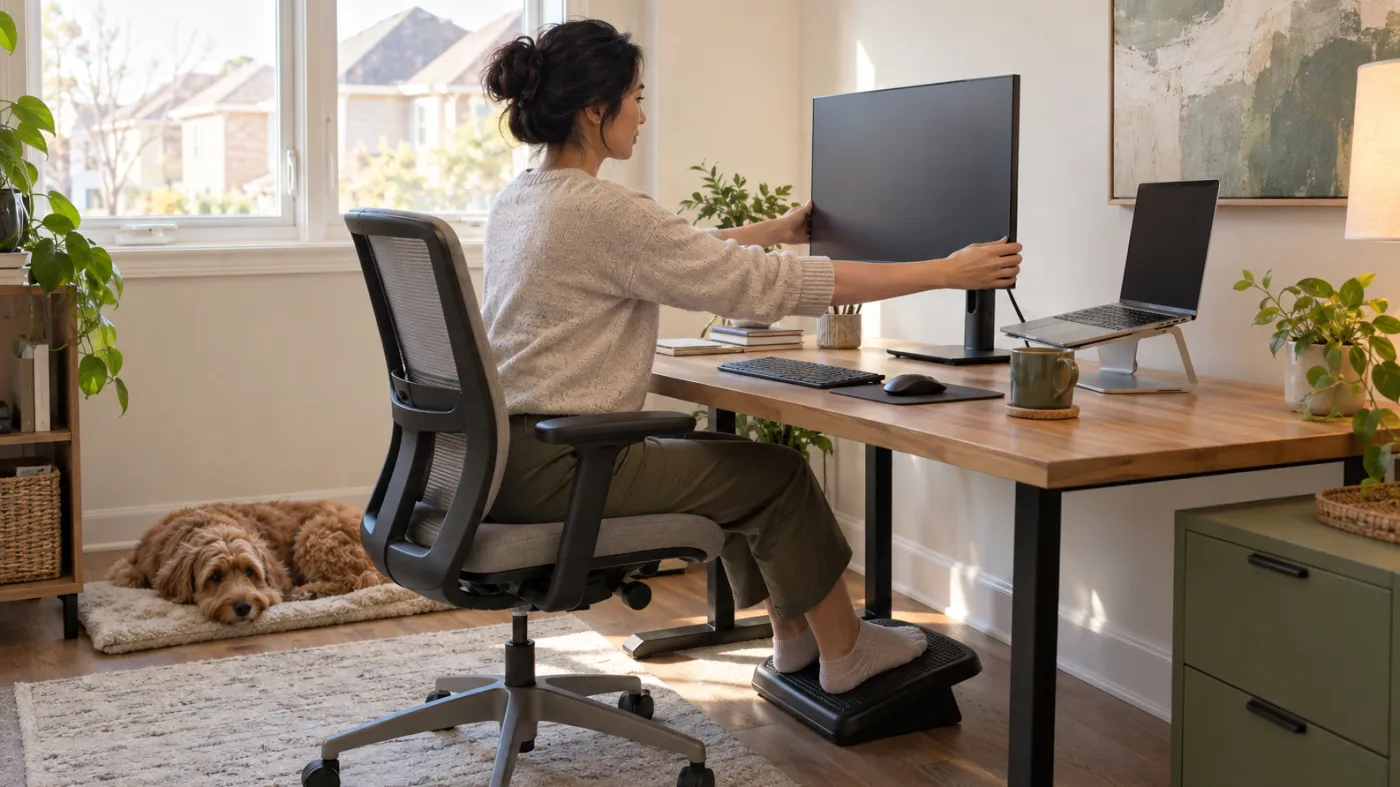 Remote worker adjusting an external monitor at a home workstation in Markham
