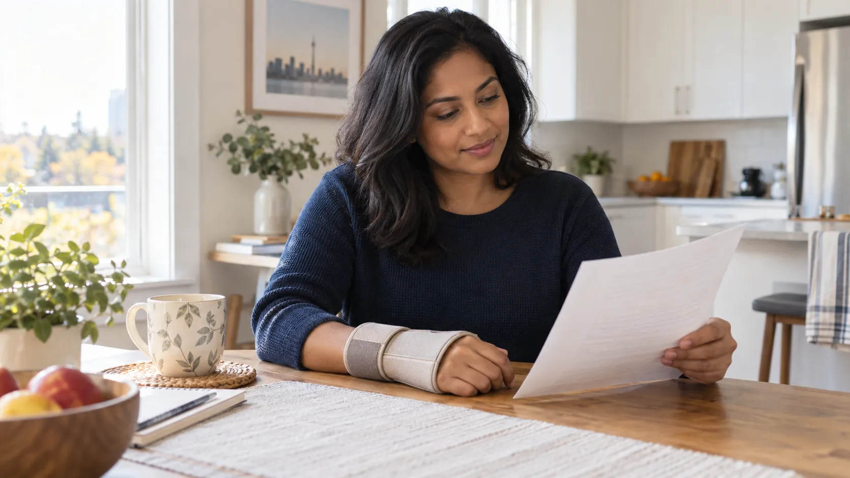 Woman reading at a kitchen table with one supported wrist resting on the tabletop
