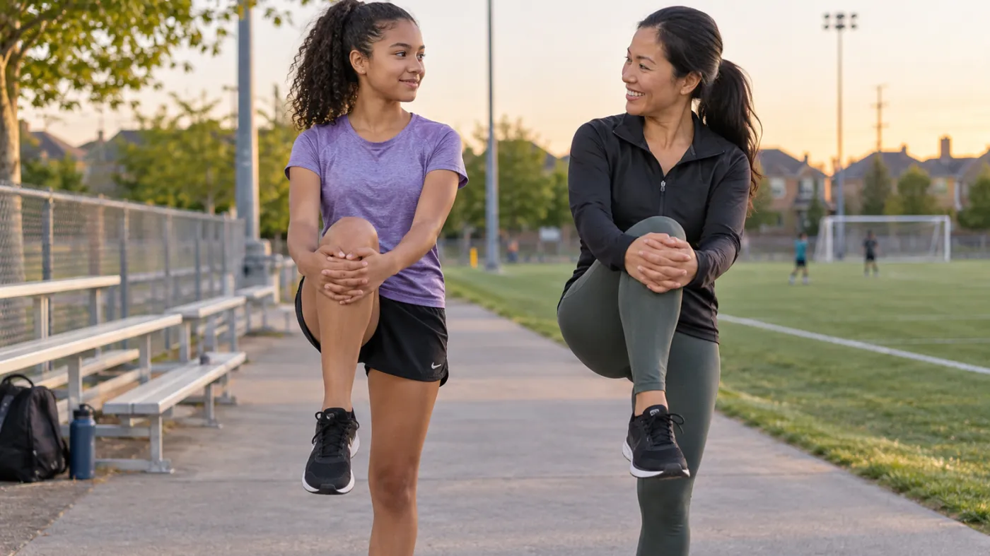 Teen athlete warming up with a parent beside a Markham sports field